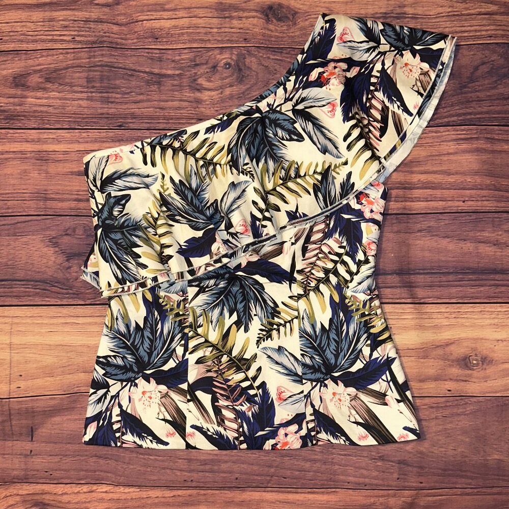 Boston Proper Tropical Floral One-Shoulder Ruffle Top - Size 4 - Picture 2 of 9